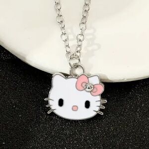 White Hello Kitty with Pink Bow Silver Necklace